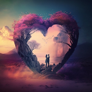 Peut inclure: Un couple se tient en silhouette contre un coucher de soleil rose et violet, encadré par une ouverture en forme de cœur dans une paire d'arbres. Les arbres sont en silhouette contre un ciel lumineux, et le couple est en silhouette contre une scène de plage.