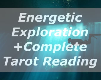 May include: A silhouette of a diver swimming underwater in a dark blue cave with beams of light shining through the water. The text "Energetic Exploration + Complete Tarot Reading" is superimposed on the image.