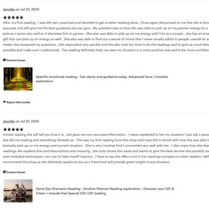 May include: Two Etsy shop reviews for a tarot and shamanic reading service. The first review is five stars and says the reader is honest, accurate, and gives the best guidance. The second review is also five stars and says the reader is honest and intuitive. Both reviews mention the reader's ability to pick up on energy and provide accurate information.