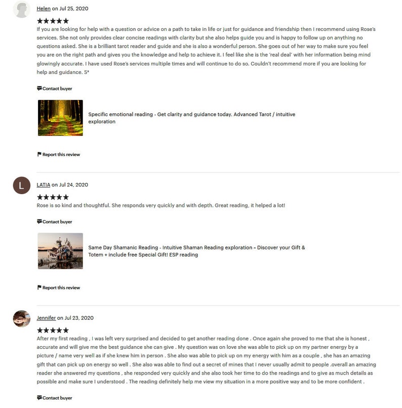 May include: Three positive reviews for a tarot reader named Rose. The reviews highlight Rose's kindness, thoughtfulness, and accuracy. The reviews also mention that Rose provides clear and concise readings, helps guide clients, and follows up on questions. The reviews are accompanied by images of tarot cards and a shamanic reading.