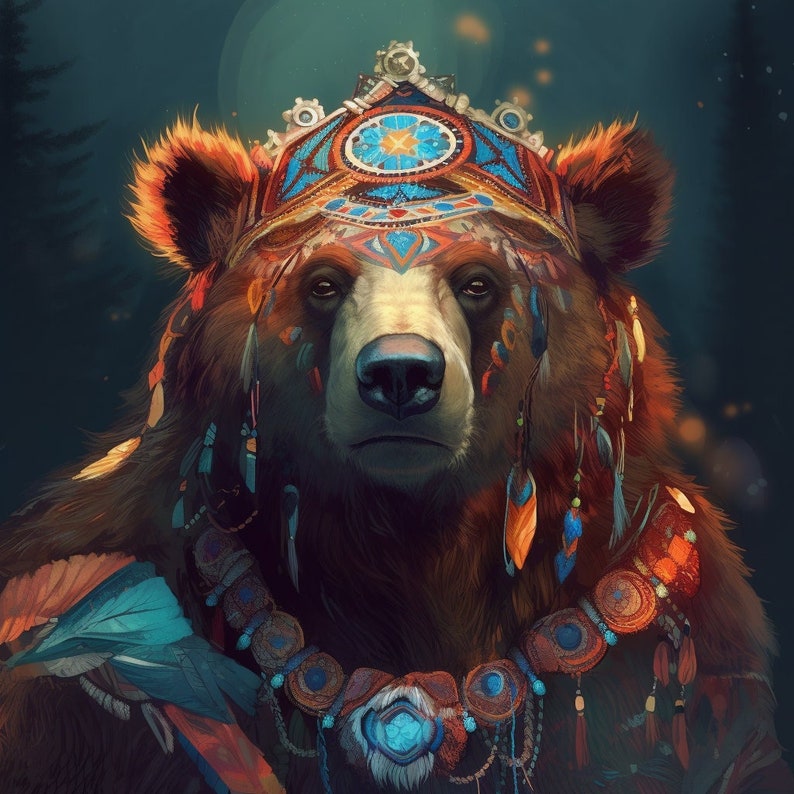 May include: A brown bear wearing a colorful headdress and necklace with feathers and beads. The headdress has a blue and white geometric pattern. The necklace has a large turquoise stone in the center.