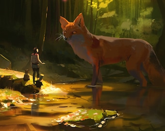 May include: A woman stands on a rock by a stream, looking up at a large, orange fox. The fox is standing in the water, looking back at the woman. The scene is set in a forest with green trees and sunlight shining through the leaves.