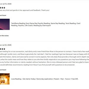 May include: Two customer reviews for a tarot card reader named Rose. The first review is positive, stating that Rose is kind and gentle. The second review is also positive, stating that Rose is a true connection, provides real clarity, and is a blessed person. The reviews include a silhouette image of a couple and a close-up of a pair of gold earrings.