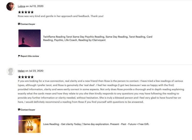 May include: Two customer reviews for a tarot card reader named Rose. The first review is positive, stating that Rose is kind and gentle. The second review is also positive, stating that Rose is a true connection, provides real clarity, and is a blessed person. The reviews include a silhouette image of a couple and a close-up of a pair of gold earrings.