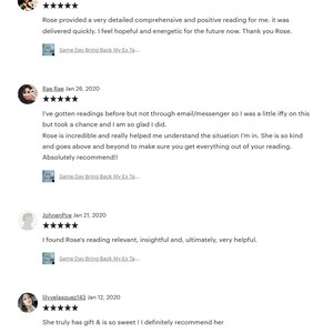 May include: Screenshots of four customer reviews for a psychic reading service. Each review includes a five-star rating, a profile picture of the reviewer, the reviewer's name, the date of the review, and a short testimonial about the reading. The reviews are positive and highlight the reader's accuracy, kindness, and helpfulness.