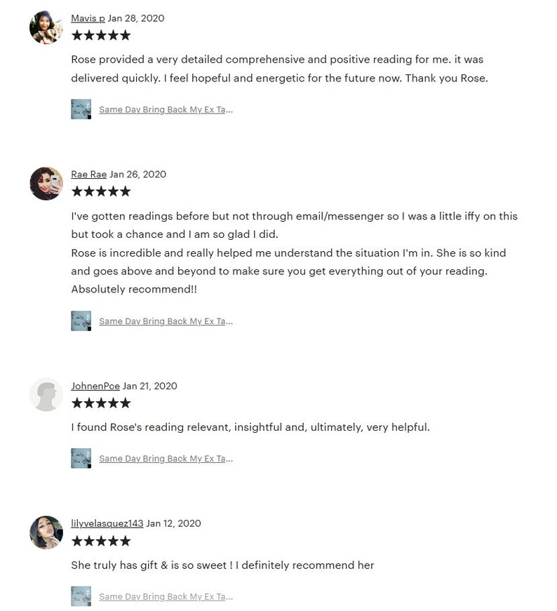 May include: Screenshots of four customer reviews for a psychic reading service. Each review includes a five-star rating, a profile picture of the reviewer, the reviewer's name, the date of the review, and a short testimonial about the reading. The reviews are positive and highlight the reader's accuracy, kindness, and helpfulness.
