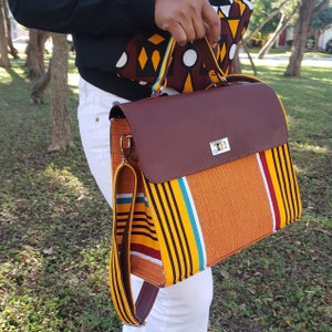 Handmade Briefcase crossbody bag, Kente(Ghana) handwoven fabric, Kente bag, Laptop bag, Handwoven bag, Sturdy handbag.
