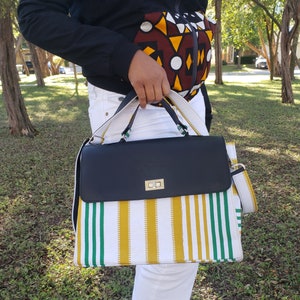 Handmade Briefcase crossbody bag, Kente(Ghana) handwoven fabric, Kente bag, Laptop bag, Handwoven bag, Sturdy handbag.