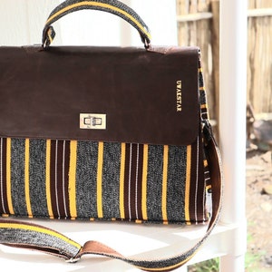 Handmade Briefcase crossbody bag, Kente(Ghana) handwoven fabric, Kente bag, Laptop bag, Handwoven bag, Sturdy handbag.