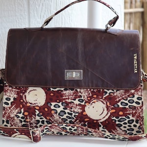 Woodin Fabric Briefcase Bag, Leather and fabric combination, gift for her, sturdy, adjustable strap.