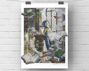 May include: A wizard in a blue and gold robe stands in a library surrounded by books and scrolls. He is holding a wand and casting a spell, causing the books to fly in the air. The image is painted in watercolor and has a whimsical feel.