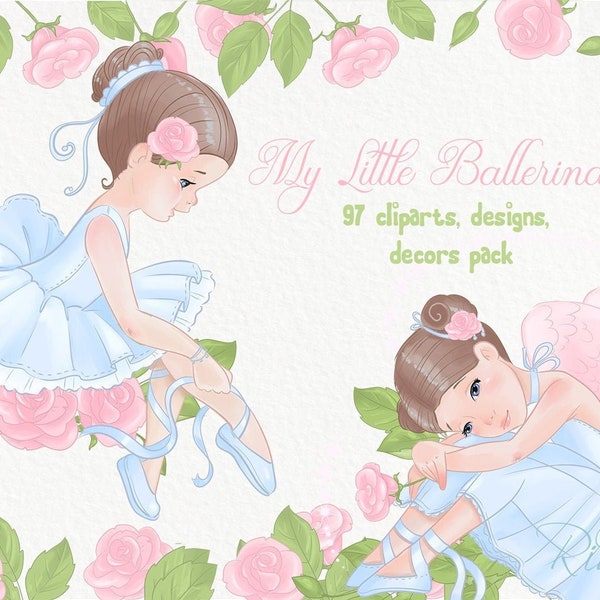 Ballet PNG clipart bundle | Ballerina cute little girl design | Girls Birthday, wedding, baby shower, rose flowers, borders, backdrop