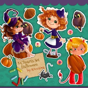Halloween Clipart Pack. Cute Little Witch Clip Art. Owl, Pumpkin PNG ...