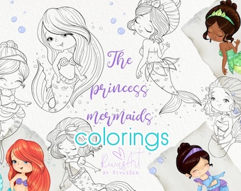 Cute mermaids Coloring Pages Pack. Princesses, fairytale, girl, birthday decor DIY. Digital mermaid clip art. Instant download Commercial