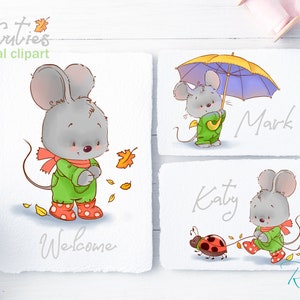 Clipart d'automne. Image clipart souris mignonne. Illustrations de petites souris, dessins d'automne. Parapluie, bottes de pluie, feuilles qui tombent, pack d'images de coccinelle.