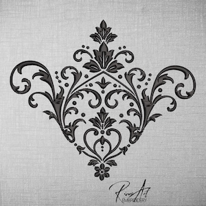 May include: Black embroidered damask design with floral and scroll elements. The design features a symmetrical pattern with a central floral motif and a signature at the bottom. The background is a textured, light gray fabric.