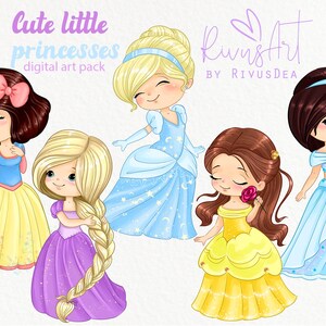 May include: Five cute cartoon princesses in various poses. Snow White, Cinderella, Rapunzel, Belle, and Jasmine are all wearing their signature dresses. The image is titled "Cute Little Princesses Digital Art Pack" and is by RivusArt.