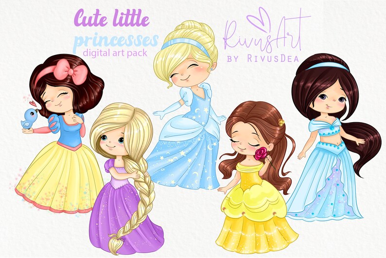 May include: Five cute cartoon princesses in various poses. Snow White, Cinderella, Rapunzel, Belle, and Jasmine are all wearing their signature dresses. The image is titled "Cute Little Princesses Digital Art Pack" and is by RivusArt.