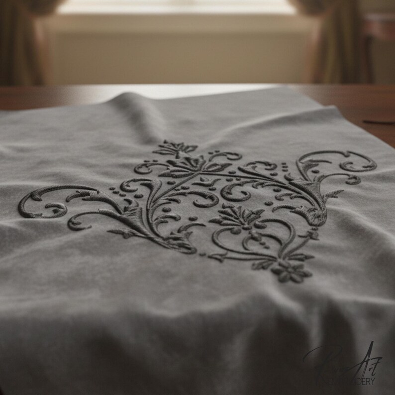 May include: A gray textile with an embroidered black floral design. The design is centered and features intricate swirls, leaves, and flower-like shapes. The fabric is draped, and the embroidery has a raised texture, creating a three-dimensional effect.