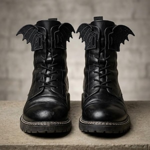 May include: A pair of black leather lace-up boots featuring decorative bat-wing attachments on the upper sides. The boots have black laces, rounded toes, and thick, textured rubber soles with visible stitching along the base of the shoe.