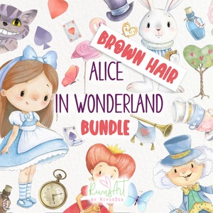 Alice in Wonderland Clipart. Brown hair, watercolor Alice Mad Hatter White Rabbit Tea Party PNG graphics, Alice digital paperback, papers