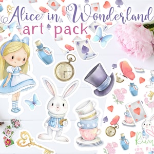 Alice im Wunderland PNG Clipart. Aquarell Alice verrückte Hutmacher-weiße Kaninchen-Tee-Party Illustration. Alice digitale Graphik. Sofortiger Download