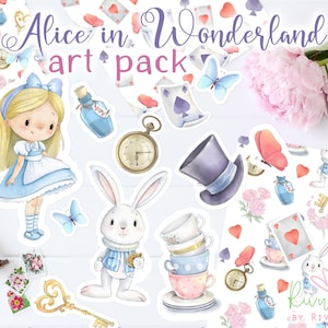 Alice nel Paese delle Meraviglie PNG Clipart. Illustrazione dell'acquerello Alice Mad Hatter White Rabbit Tea Party. Retro in carta digitale Alice. Download istantaneo