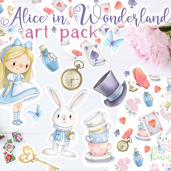 Alice in Wonderland PNG Clipart. Watercolor Alice Mad Hatter White Rabbit Tea Party Illustration. Alice digital paper back. Instant download
