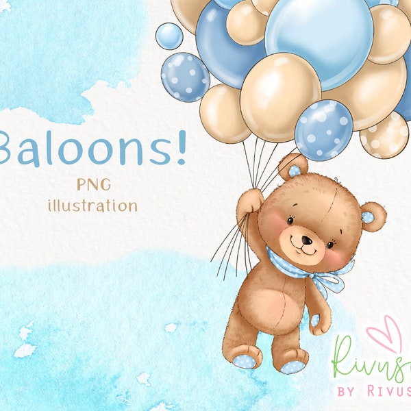 Bear with balloons PNG | Baby bear sublimation | Balloons clipart | Oh Boy Teddy Bear Clipart | teddy bear PNG baby shower digital download