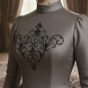 May include: A gray dress with a high collar and long sleeves. The dress features a black floral design on the bodice. The collar has a white lace trim. The dress has a vintage style.