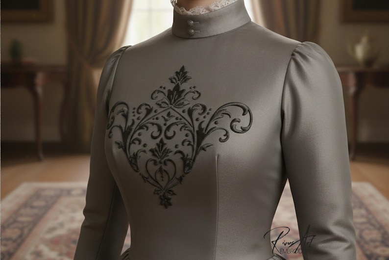 May include: A gray dress with a high collar and long sleeves. The dress features a black floral design on the bodice. The collar has a white lace trim. The dress has a vintage style.