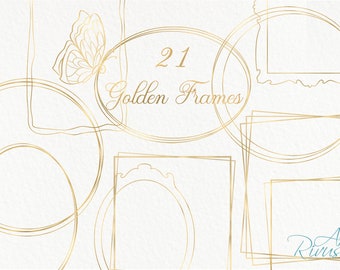 May include: A set of 21 gold frames in various shapes and sizes, including circles, ovals, and squares. The frames are outlined in a thin gold line and are perfect for adding a touch of elegance to any project.