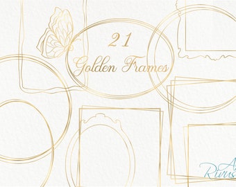 Gold Frame Clipart Golden Frames PNG Metallic Wreath Graphics Design Wedding Invitation Template DIY Vintage Border Minimalist Geometry Line