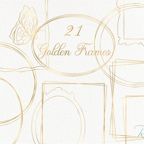 Gold Frame Clipart Golden Frames PNG Metallic Wreath Graphics Design Wedding Invitation Template DIY Vintage Border Minimalist Geometry Line