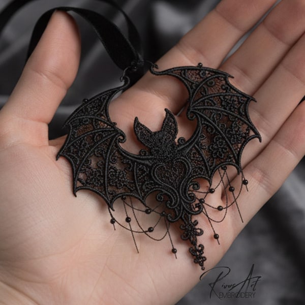 FSL Embroidery Designs File - Baroque Lace Bat Dark Academia Jewelry - Gothic Victorian Machine Pattern