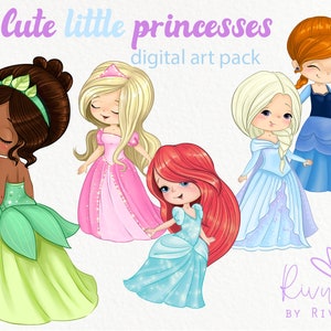 Schattige prinses PNG-clipartset. Prinsessen, sprookje, meisje, verjaardagsdecoratie DIY. Digitale prinses-illustraties. Direct downloaden. Commercieel gebruik.