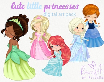 Cute princess PNG clipart set. Princesses, fairytale, girl, birthday decor DIY. Digital princess clip art. Instant download. Commercial use.