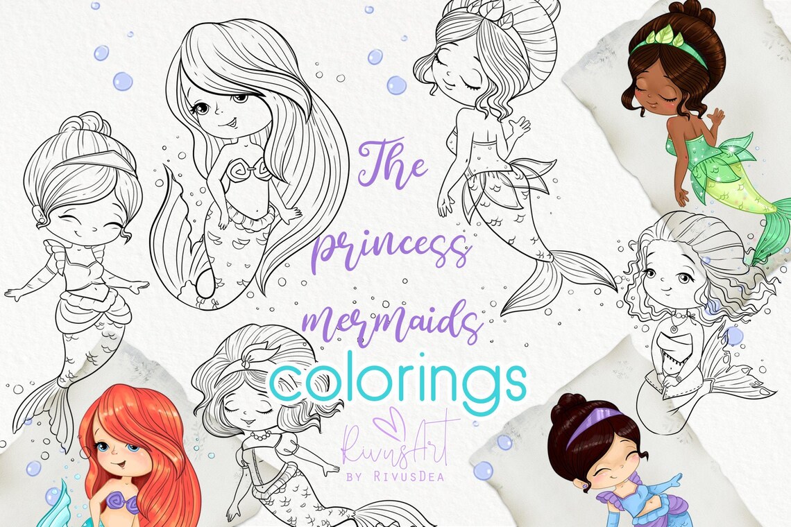 Cute Mermaids Coloring Pages Pack. Princesses Fairytale - Etsy