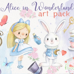 Alice in Wonderland PNG Clipart. Watercolor Alice Mad Hatter White Rabbit Tea Party Illustration. Alice digital paper back. Instant download