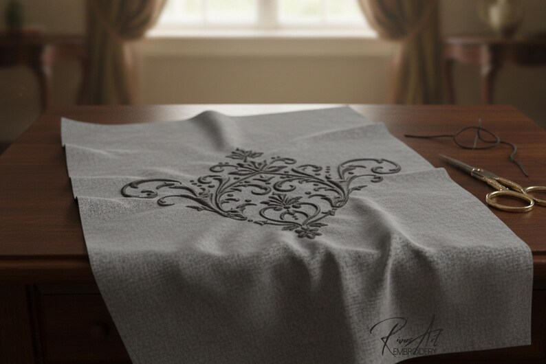 May include: A gray fabric with a black floral embroidery design is displayed on a wooden table. A pair of gold scissors and a pair of glasses are on the table. The fabric has a textured appearance.