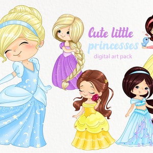 Lindo conjunto de imágenes prediseñadas de princesas PNG. Princesas, cuentos de hadas, niñas, decoración de cumpleaños DIY. Imágenes prediseñadas de princesas digitales. Descarga instantánea. Uso comercial.