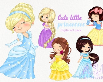 Cute princess PNG clipart set. Princesses, fairytale, girl, birthday decor DIY. Digital princess clip art. Instant download. Commercial use.