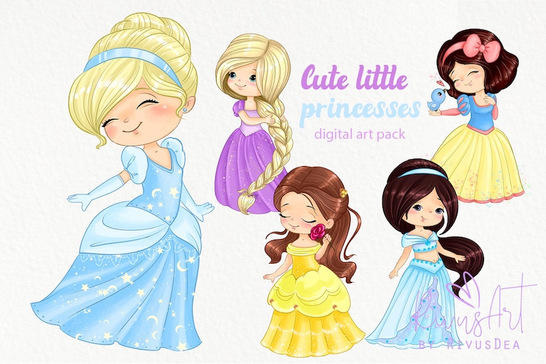 May include: Digital art pack featuring five illustrations of cute princesses in various poses. The princesses are dressed in colorful gowns with intricate details. The text "cute little princesses digital art pack" is displayed at the top of the image.