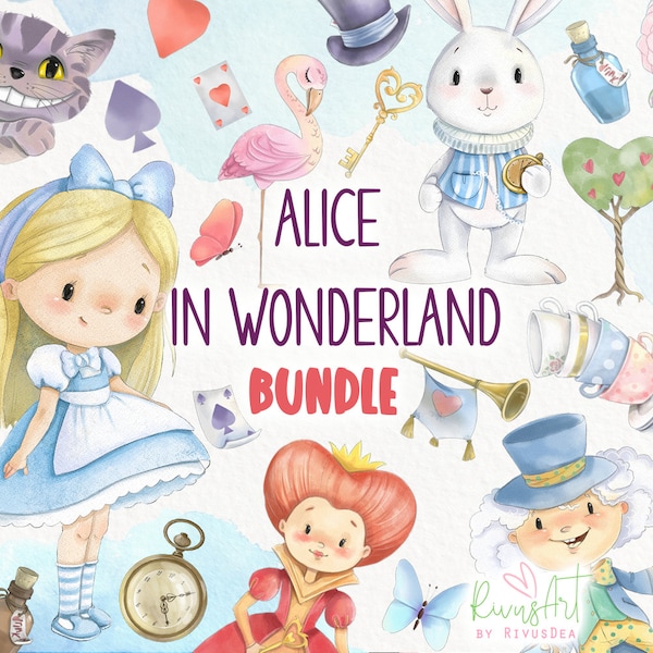 Alice in Wonderland PNG Clipart. Watercolor Alice Mad Hatter White Rabbit Tea Party Illustration. Alice digital paper back. Instant download