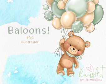 Bear with balloons PNG | Olive and ivory | Baby bear sublimation | Balloons clipart | Oh Boy Teddy Bear Clipart baby shower digital download