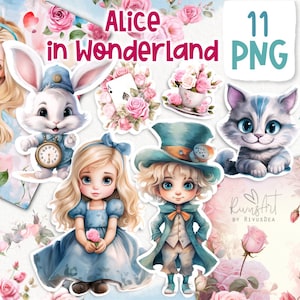 Alice in Wonderland PNG Clipart. Watercolor Alice Mad Hatter White Rabbit Tea Party Illustration. Alice digital paper back. Instant download