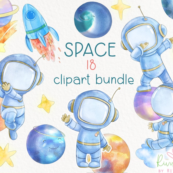 Cute space clipart, space art kids, outer space clip art, rocket, cartoon dancing astronaut, moon, planets clipart download. Commercial use.
