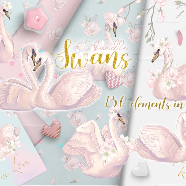 Lot de cliparts cygnes. Pack d'illustrations numériques Swan in love. Mariage, conception de baby shower. Anémones, fleurs de magnolia. Bordures, intercalaires, papiers