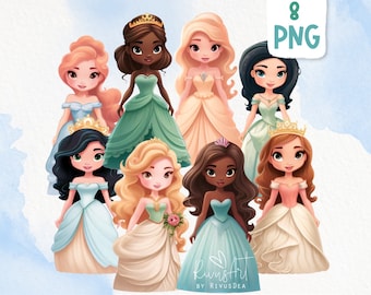 Cute princess PNG clipart set. Princesses, fairytale, girl, birthday decor DIY. Digital princess clip art. Instant download. Commercial use.