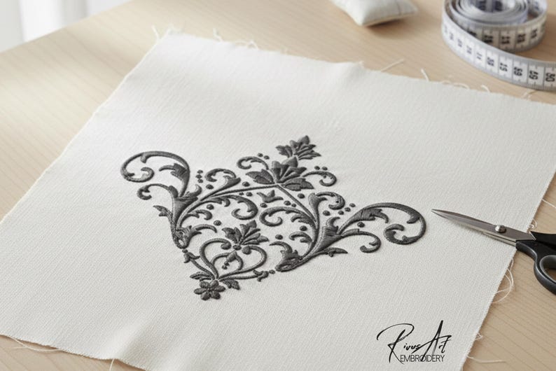 May include: A detailed, dark gray embroidered floral design on a square of white fabric. The design features swirling patterns and leaf motifs. Scissors and a measuring tape are visible, suggesting a craft or sewing project. The image includes the text "Rinus Art Embroidery".